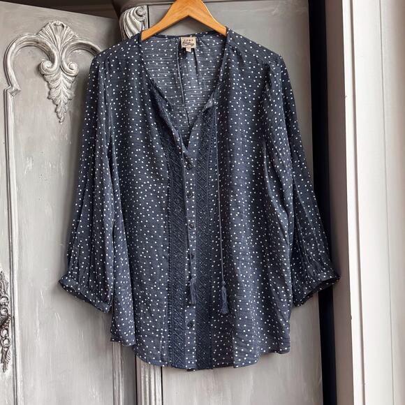 Women’s Blouse Sz 3X Boho Peasant Flowy Top Blue & White Polka Dot 3/4 Sleeve - Picture 1 of 6